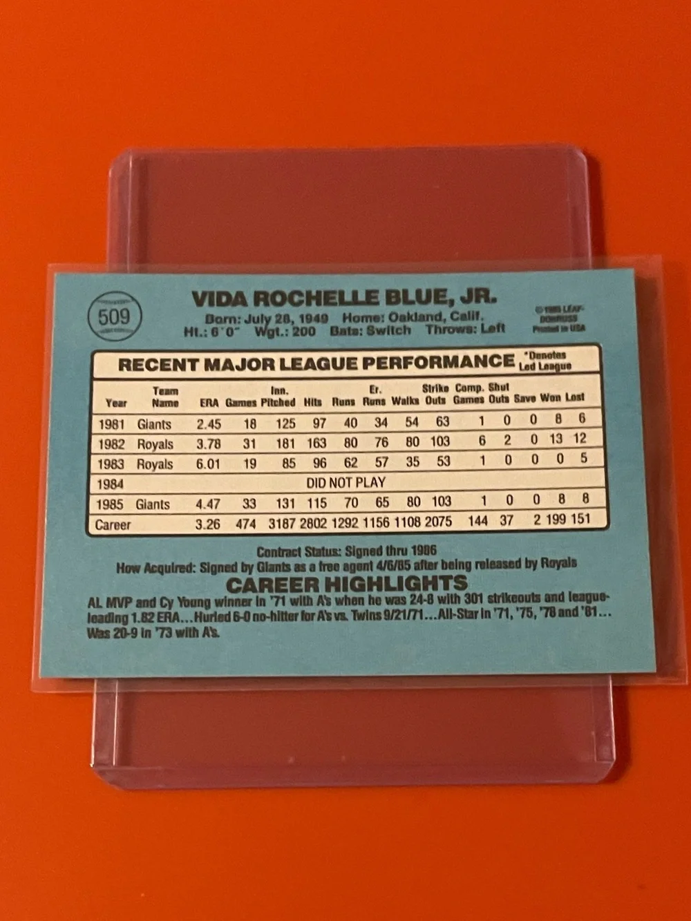 Vida Blue #509 1986 Donruss Baseball Trading Card